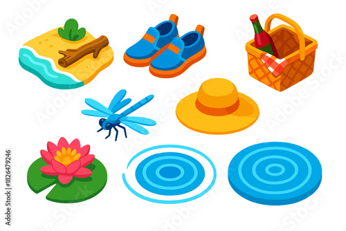 Hiking Trail Icons. Isometric vector illustration set Hiking trails – sandy beach, driftwood log, lake waves; paddle shoes, picnic