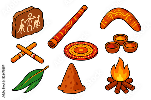 Aboriginal Cultural Icons. Isometric vector illustration set Cultural heritage – Aboriginal rock art panel, didgeridoo, boomerang;