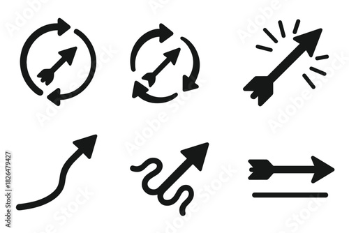 Dynamic Arrow Icons. Solid style icons of arrows in motion: flying arrow loop, spinning shaft icon, tip-directed burst. Mid-air