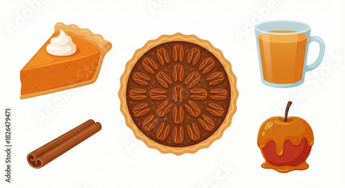 A festive collection of autumn holiday sweets and drinks like pie, cider, and caramel apple