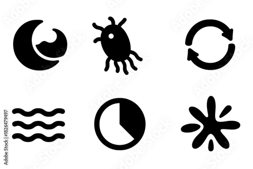 Marine Cycle Icons. Solid style icons of marine light cycles: moon tide glyph, plankton pulse icon, cycle badge. Rhythm ring,