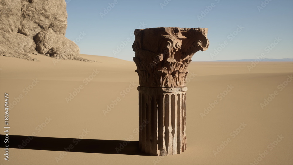 Obraz premium In a sunlit desert landscape, a weathered ancient column rises from the golden sand, surrounded by endless dunes. The clear sky highlights the intricate carvings.