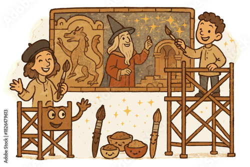 Animated Mural Restoration. Magical doodle medieval mural restoration with smiling artists, cartoon scaffolding waving, cheerful