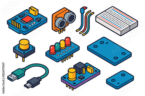 Robotics Kits Illustration. Isometric vector illustration set Robotics kits – microcontroller board, sensor module, breadboard;
