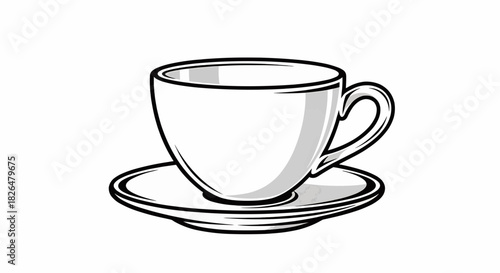 A simple white coffee cup on a saucer, illustration, white background, front view