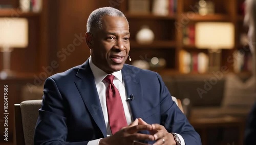 Mature Black Man Wearing Navy Suit and Red Tie Speaking During Interview with Blurred Background