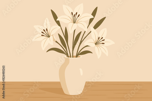 Minimalist Lily Vase. Minimalist ceramic vase with blooming lilies placed on a wooden surface, soft natural lighting, warm and