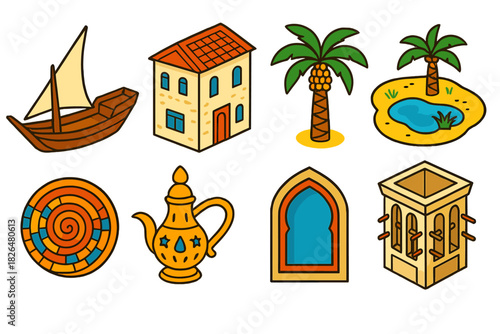 Cultural Heritage Icons. Isometric vector illustration set Cultural heritage – traditional dhow boat, coral stone house, date palm