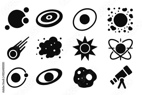 Planetary Science Icons. Solid style icons of Planetary Science: accretion, protoplanetary disk, orbiting body, asteroid belt,