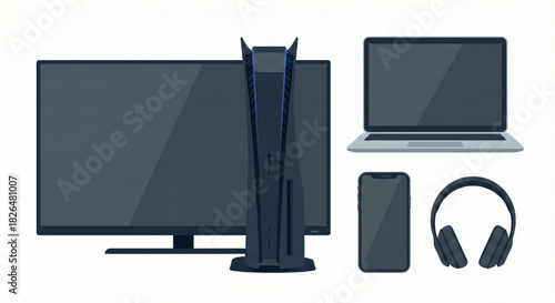 Sleek dark electronic gadgets set for gaming and communication isolated on white