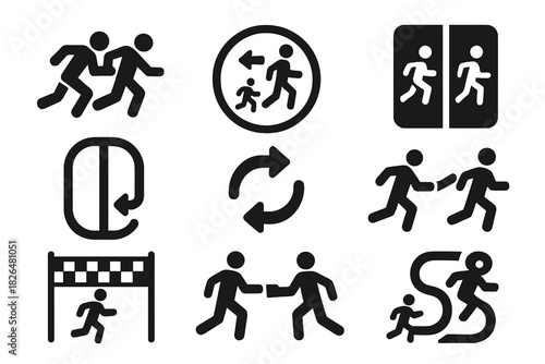 Dual-Direction Race Icons. Solid style icons of dual-direction races: two-runner icon, one backward one forward badge, race split
