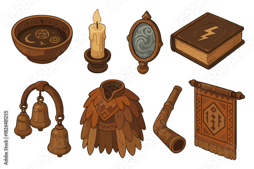 Isometric Cultural Rituals. Isometric vector illustration set of Cultural rituals: protection bowl with sigils, night ritual