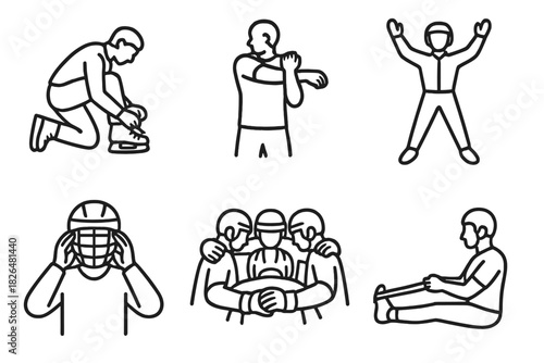Athlete Prep Icons. Line style icons of athlete preparation: lacing up skates, warming up arms, jumping jacks in suit, helmet