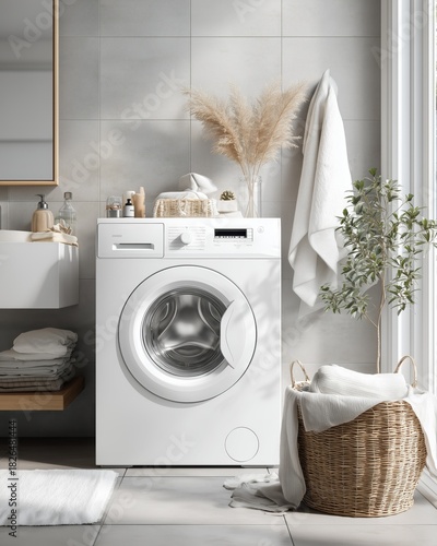 Bright modern bathroom interior with washing machine and wicker laundry basket in natural light