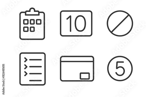 Dive Scoring Icons. Line style icons of dive scoring and stats: score tablet icon, perfect 10 panel, deduction marker icon, dive