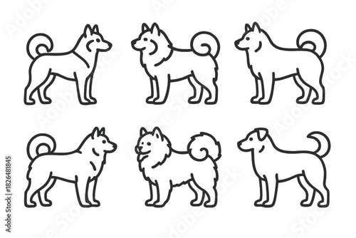 Sledding Dog Breed Icons. Line style icons of dog breeds for sledding: Siberian Husky, Alaskan Malamute, Canadian Eskimo Dog,