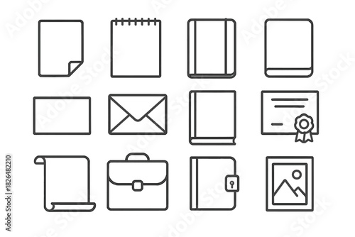Paperwork Line Icons. Line style icons of finished paper works: folio sheet, sketch pad, notebook, journal; card, envelope, bound