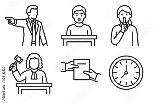 Courtroom Icons. Line style icons of Courtroom Dynamics: pointing lawyer, surprised witness, quiet juror, judge with gavel raised,