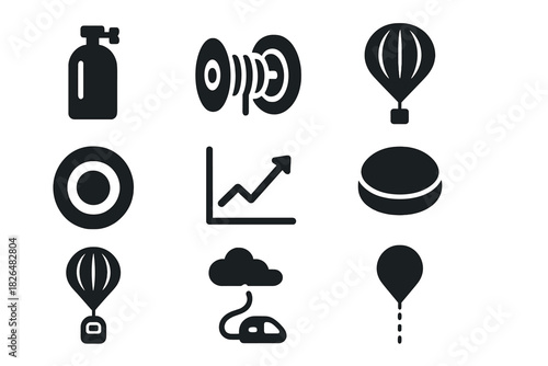 Stratospheric Ascent Icons. Solid style icons of stratospheric ascent systems: helium tank glyph, tether reel icon, balloon