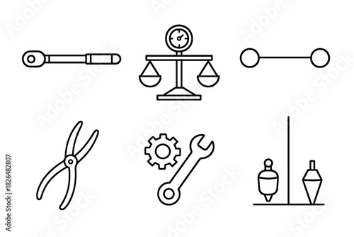 Kinetic Sculpture Tools Icons. Line style icons of kinetic sculpture tools: torque wrench, balance testing tool, motion