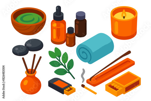Colorful Skincare Icons. Isometric vector illustration set Skincare routine – wooden bowl, essential oil bottles, scented candle;