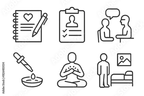 Psychedelic Therapy Icons. Line style icons of preparation for psychedelic therapy: intention setting notebook, health screening