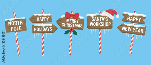 Christmas wooden sign board set, showing x-mas north pole signs, santa workshop indicators, snow drifts, icicles, winter decoration titles, festive banners, and holiday game frames