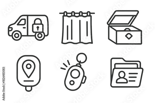 Security Line Icons. Line style icons of security and privacy: van lock system, privacy curtain icon, secret stash box, GPS
