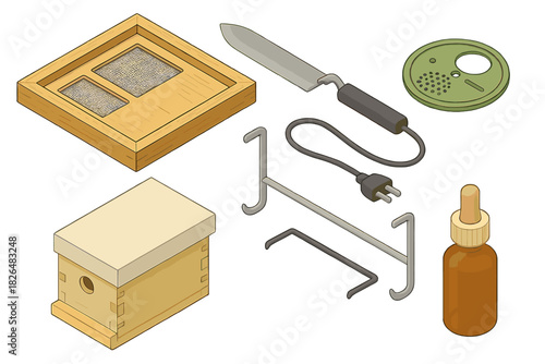 Beekeeping Tools Overview. Isometric vector illustration set Beekeeping tools: double-screened inner cover, heated uncapping knife