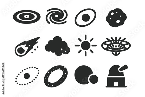 Celestial Formation Icons. Solid style icons of Celestial Formation: accretion disk, protoplanetary disk, orbiting planet,