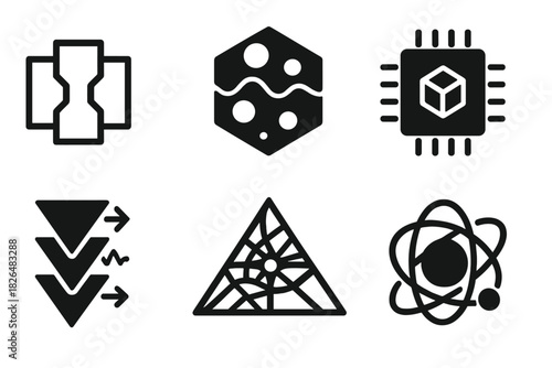 Multidimensional Computation Icons. Solid style icons of multidimensional computation: interlayer gates, time-phase crystals,