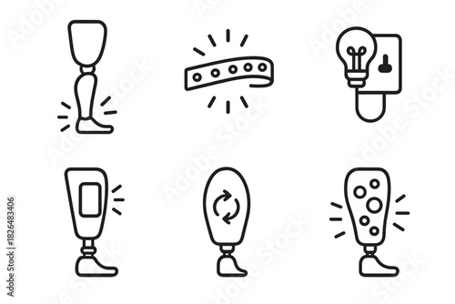 Glowing Prosthetics Icons. Line style icons of prosthetics with lighting elements: glowing limb line art, LED strip outline,