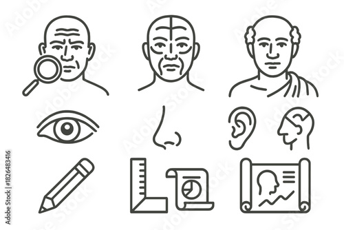 Ancient Character Analysis Icons. Line style icons of Ancient Character Study: Forehead Wrinkle Reading, Face Mapping, Character
