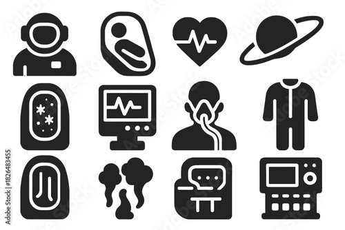 Cryosleep Chamber Essentials. Solid style icons of Cryosleep Chamber: Astronaut, Hibernation, Vital Signs, Long Journey, Cryo Pod,