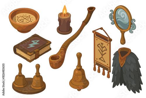 Isometric Cultural Rituals. Isometric vector illustration set of Cultural rituals: protection bowl with sigils, night ritual