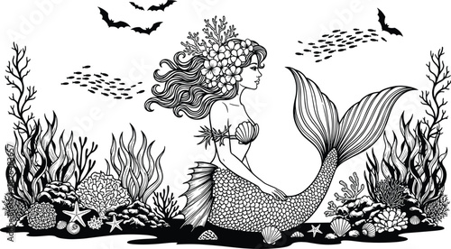 Beautiful mermaid with long flowing hair and flower wreath, sitting in the deep dark sea, surrounded by detailed coral reef, seaweed, fishes, and bats