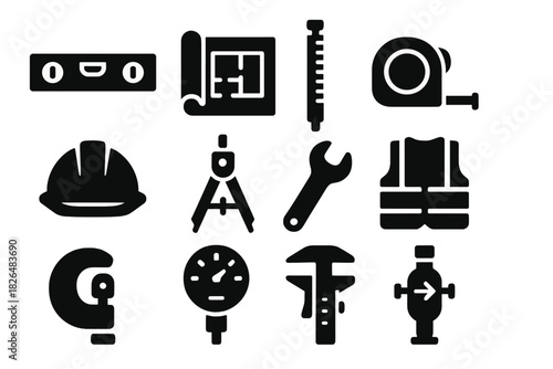 Solid Engineering Tools Icons. Solid style icons of Engineering tools: level, blueprint, survey rod, measuring tape, hard hat,