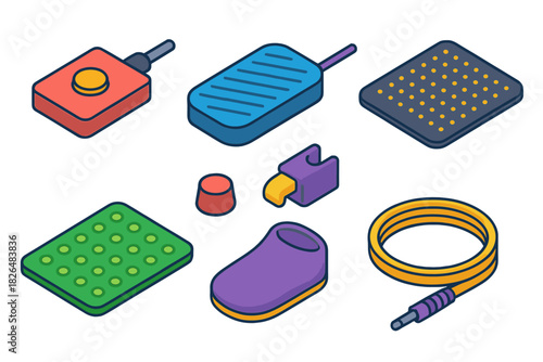 Tattoo Equipment Icons. Isometric vector illustration set Tattoo equipment – foot pedal connector, pedal board, cable clip; floor