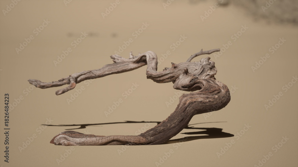 Fototapeta premium Driftwood with intricate shapes lies on soft, golden sand, illuminated by sunlight. The natural curves tell a story of time spent by the water, enjoying a peaceful moment in nature.