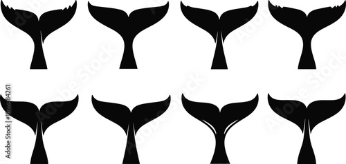 Large set of eight different black silhouette designs of mythical mermaid tails, whale flukes, and dolphin fins, perfect for modern logo creation, tattoo, or nautical graphic elements pack
