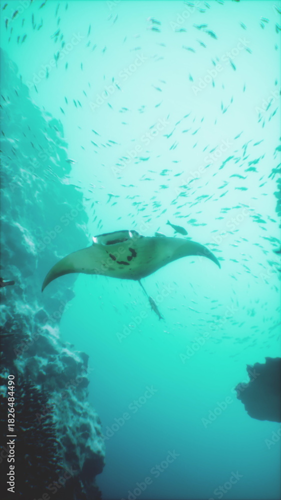 Obraz premium A graceful manta ray swims effortlessly beneath the surface of clear blue water, surrounded by shimmering schools of fish and vibrant coral formations in a stunning underwater scene.