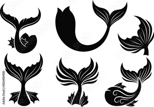 Mermaid tail vector, black silhouette illustration, fantasy aquatic design, stylized fin shapes, decorative sea elements, ocean-themed artwork, mythical marine motif