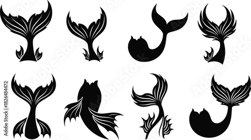 Mermaid tail vector, black silhouette illustration, stylized aquatic fin designs, fantasy marine artwork, decorative sea elements, mythical ocean-themed composition