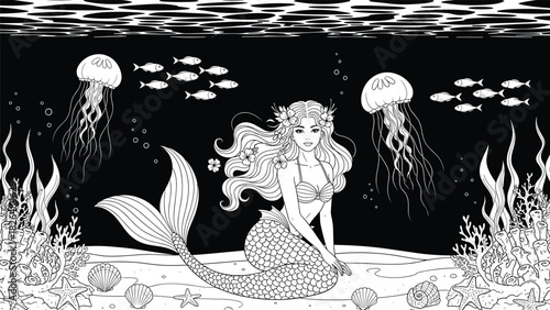 Mermaid underwater vector, black and white illustration, jellyfish, coral reef, seashell top, marine plants, ocean fish, fantasy sea scene, coloring page