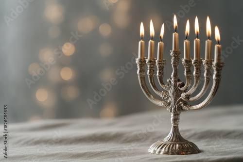 ornate nine branch menorah lit with delicate candles celebrating hanukkah light faith and family warmth creating atmosphere of peace spirituality and timeless beauty