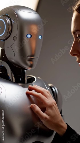 A woman gently touches a metallic robot, engaging in a moment of connection