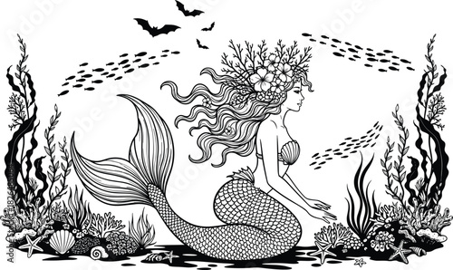 Mermaid underwater vector, black and white illustration, seashell top, coral reef, flying bats, ocean fish, marine plants, fantasy sea scene, coloring page