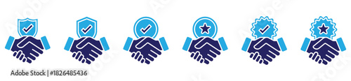 Corporate handshake icons set. Symbol of successful deal, collaboration, partnership, and professional relationship.