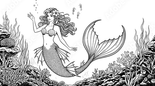 Mermaid underwater vector, black and white illustration, seashell top, coral reef, seahorses, sea plants, fantasy ocean scene, coloring page design
