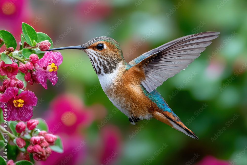 Obraz premium Colorful hummingbird hovering near vibrant flowers in a garden